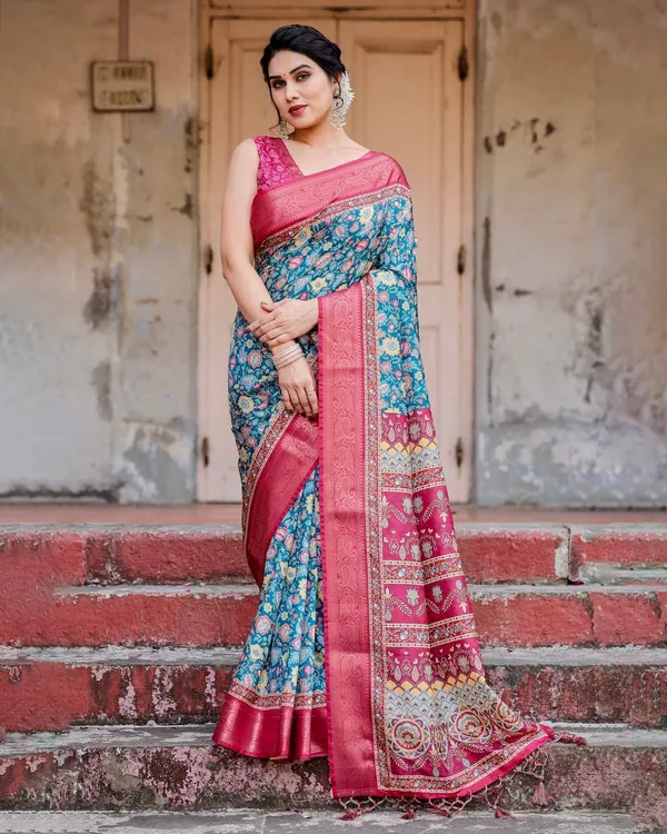 Teal_Blue_and_Coral_Tussar_Silk_Saree_with_Vibrant_Floral_Motifs_and_Ornamental_Pallu