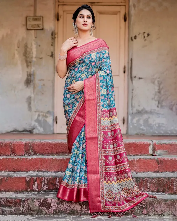 Teal_Blue_and_Coral_Tussar_Silk_Saree_with_Vibrant_Floral_Motifs_and_Ornamental_Pallu
