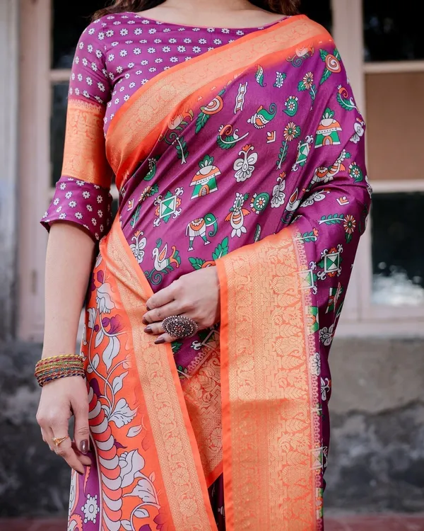 Wine_Purple_and_Orange_Tussar_Silk_Saree_with_Floral_Motifs_and_Artistic_Pallu