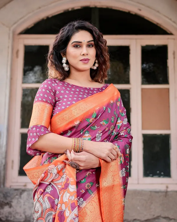 Wine_Purple_and_Orange_Tussar_Silk_Saree_with_Floral_Motifs_and_Artistic_Pallu