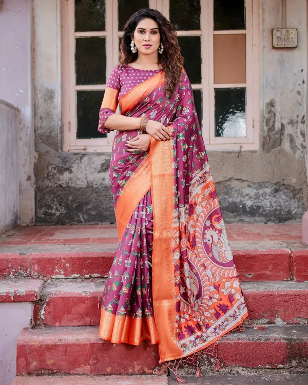 Wine_Purple_and_Orange_Tussar_Silk_Saree_with_Floral_Motifs_and_Artistic_Pallu