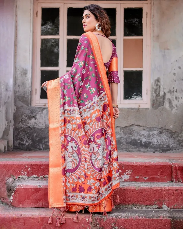 Wine_Purple_and_Orange_Tussar_Silk_Saree_with_Floral_Motifs_and_Artistic_Pallu