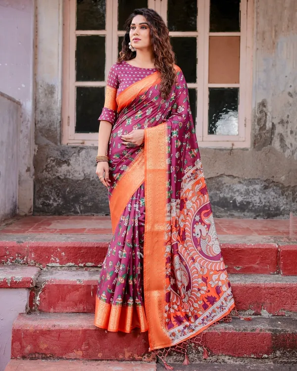 Wine_Purple_and_Orange_Tussar_Silk_Saree_with_Floral_Motifs_and_Artistic_Pallu