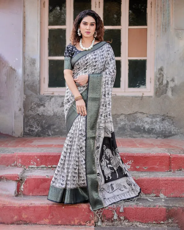 Monochrome_White_and_Black_Tussar_Silk_Saree_with_Tribal_Art_Motifs_and_Zari_Border
