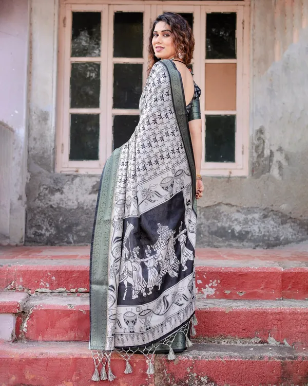 Monochrome_White_and_Black_Tussar_Silk_Saree_with_Tribal_Art_Motifs_and_Zari_Border