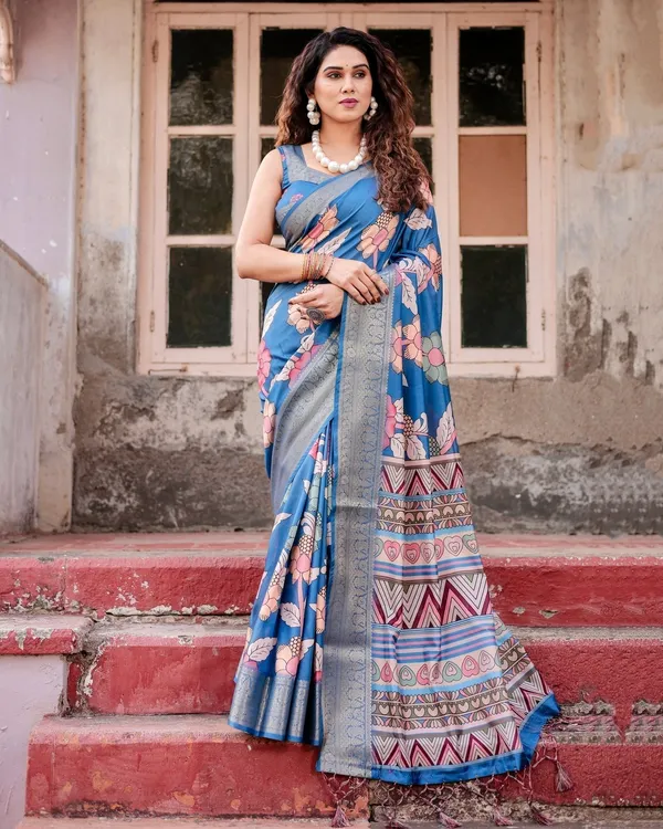 Sky_Blue_Tussar_Silk_Saree_with_Bold_Floral_Motifs_and_Chevron_Pallu_Design