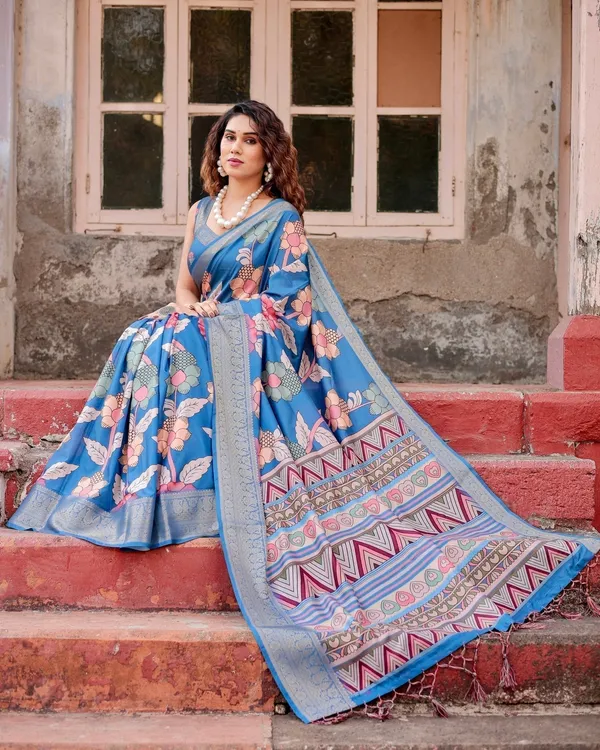 Sky_Blue_Tussar_Silk_Saree_with_Bold_Floral_Motifs_and_Chevron_Pallu_Design