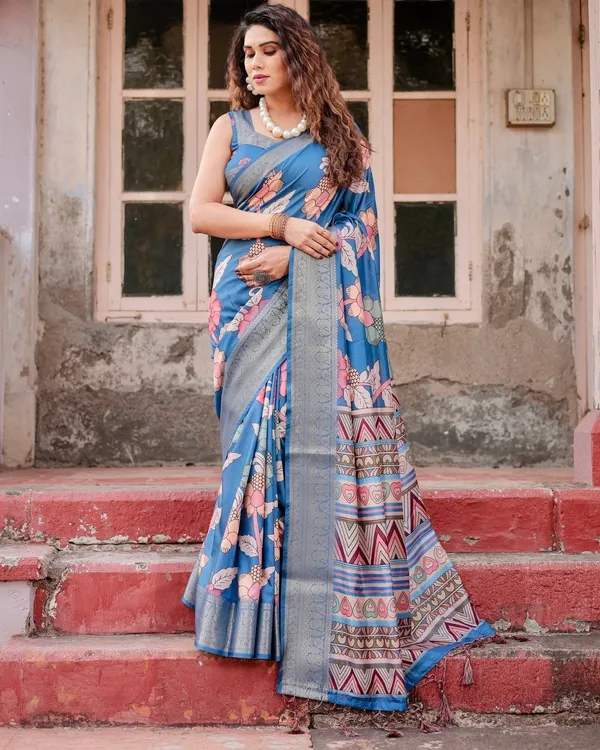 Sky_Blue_Tussar_Silk_Saree_with_Bold_Floral_Motifs_and_Chevron_Pallu_Design
