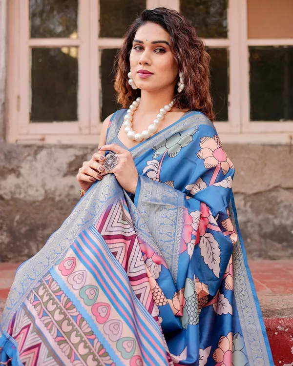 Sky_Blue_Tussar_Silk_Saree_with_Bold_Floral_Motifs_and_Chevron_Pallu_Design