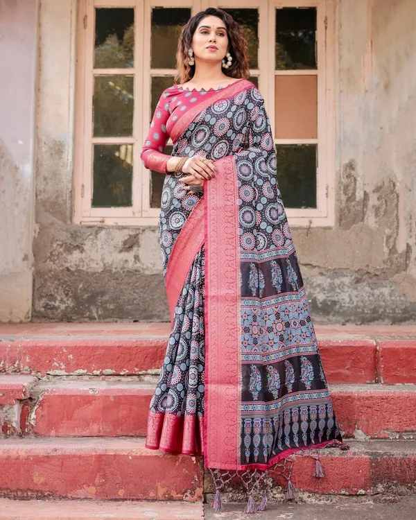 Black_and_Coral_Tussar_Silk_Saree_with_Intricate_Circular_Motifs_and_Ornamental_Pallu