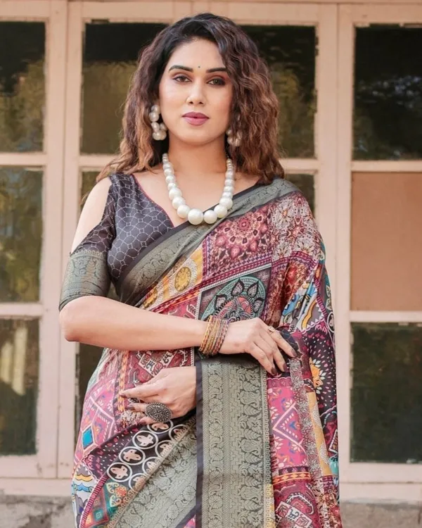 Multicolor_Tussar_Silk_Saree_with_Ornamental_Patchwork_and_Olive_Zari_Border