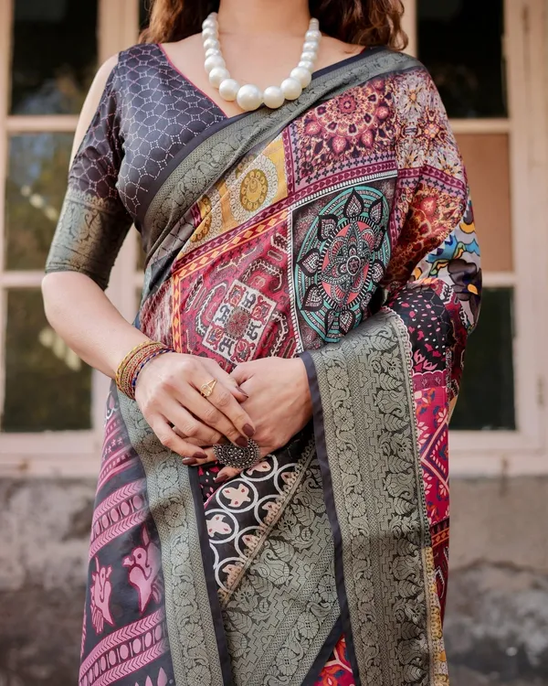 Multicolor_Tussar_Silk_Saree_with_Ornamental_Patchwork_and_Olive_Zari_Border