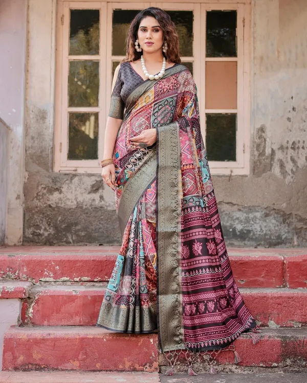 Multicolor_Tussar_Silk_Saree_with_Ornamental_Patchwork_and_Olive_Zari_Border
