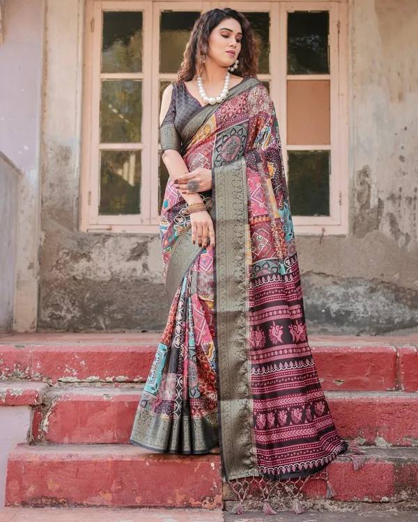 Multicolor_Tussar_Silk_Saree_with_Ornamental_Patchwork_and_Olive_Zari_Border