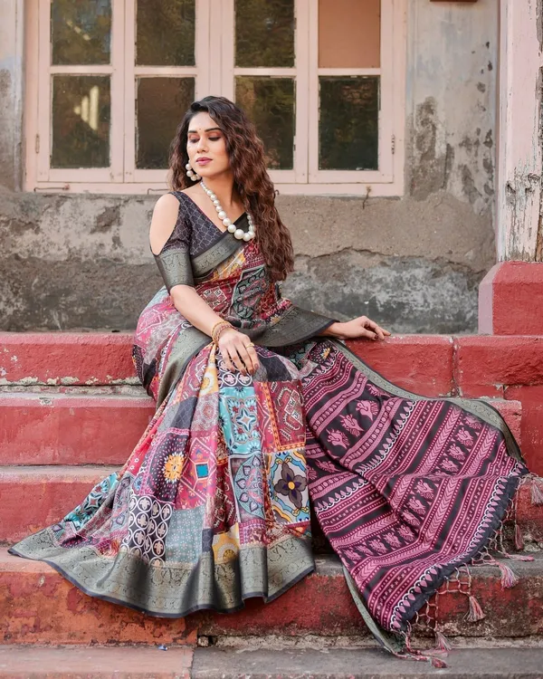 Multicolor_Tussar_Silk_Saree_with_Ornamental_Patchwork_and_Olive_Zari_Border