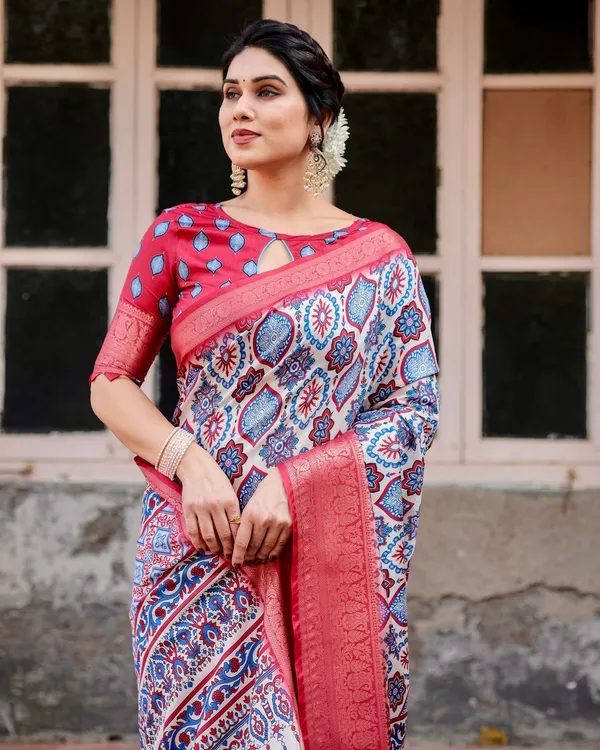 White_and_Red_Tussar_Silk_Saree_with_Vibrant_Floral_Geometric_Motifs_and_Ornamental_Zari_Border