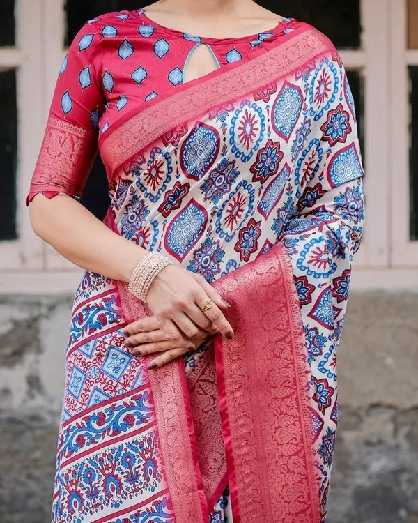 White_and_Red_Tussar_Silk_Saree_with_Vibrant_Floral_Geometric_Motifs_and_Ornamental_Zari_Border