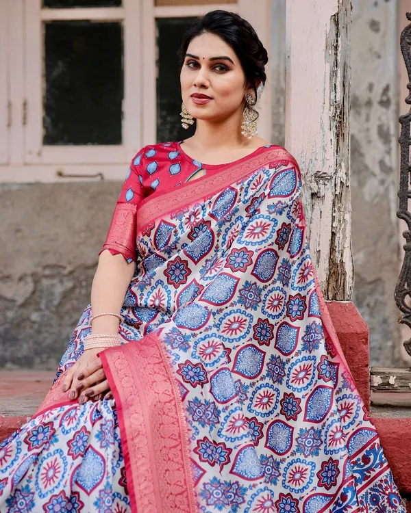 White_and_Red_Tussar_Silk_Saree_with_Vibrant_Floral_Geometric_Motifs_and_Ornamental_Zari_Border