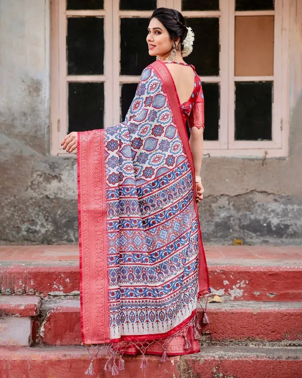 White_and_Red_Tussar_Silk_Saree_with_Vibrant_Floral_Geometric_Motifs_and_Ornamental_Zari_Border