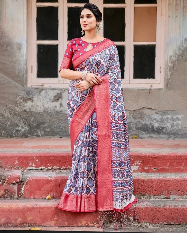 White_and_Red_Tussar_Silk_Saree_with_Vibrant_Floral_Geometric_Motifs_and_Ornamental_Zari_Border