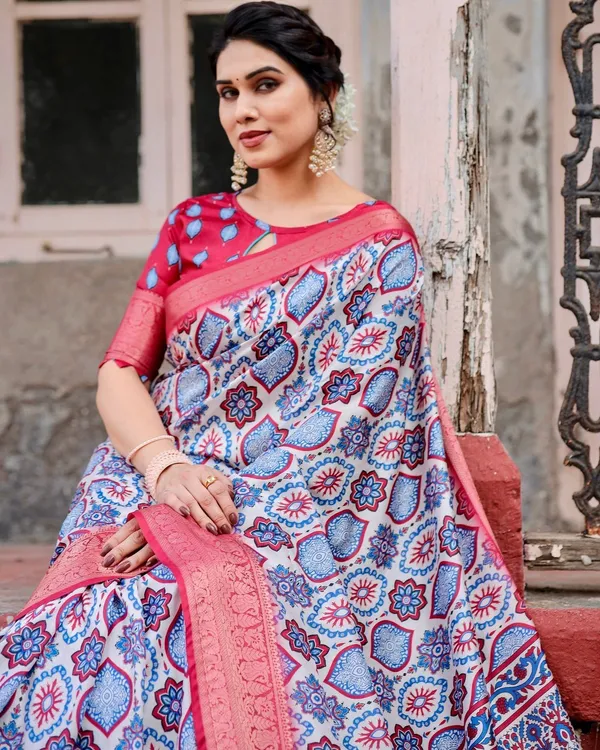 White_and_Red_Tussar_Silk_Saree_with_Vibrant_Floral_Geometric_Motifs_and_Ornamental_Zari_Border