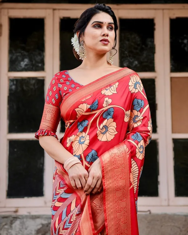 Vibrant_Red_Tussar_Silk_Saree_with_Bold_Floral_Motifs_and_Chevron_Patterned_Pallu