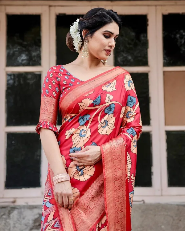 Vibrant_Red_Tussar_Silk_Saree_with_Bold_Floral_Motifs_and_Chevron_Patterned_Pallu
