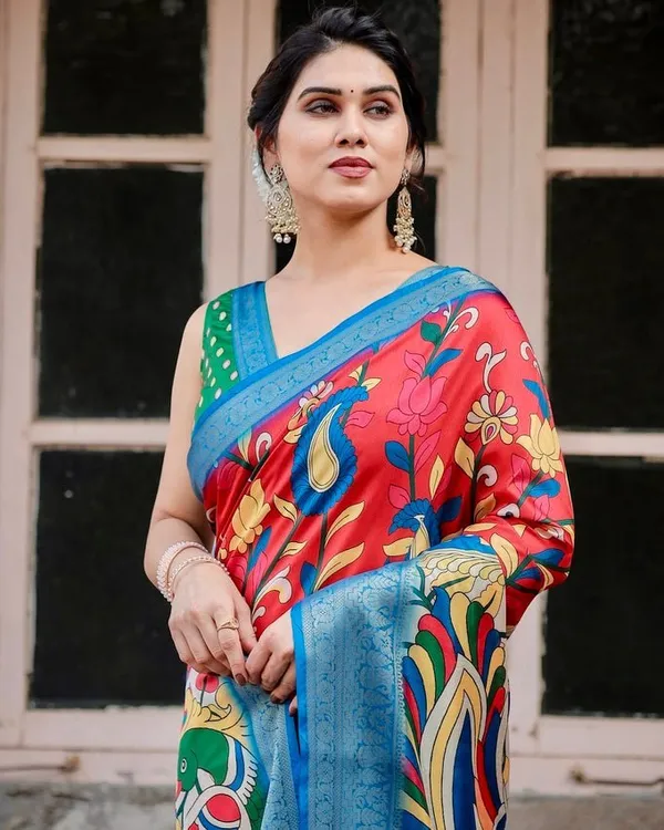 Multicolor_Tussar_Silk_Saree_with_Vibrant_Peacock_and_Floral_Motifs