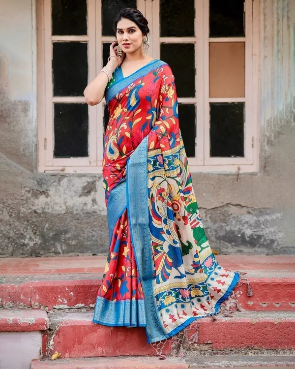 Multicolor_Tussar_Silk_Saree_with_Vibrant_Peacock_and_Floral_Motifs