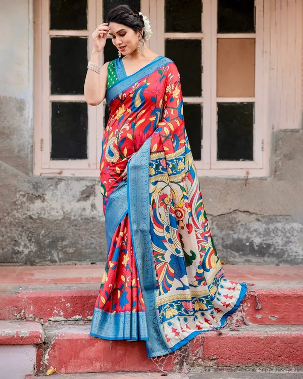 Multicolor_Tussar_Silk_Saree_with_Vibrant_Peacock_and_Floral_Motifs
