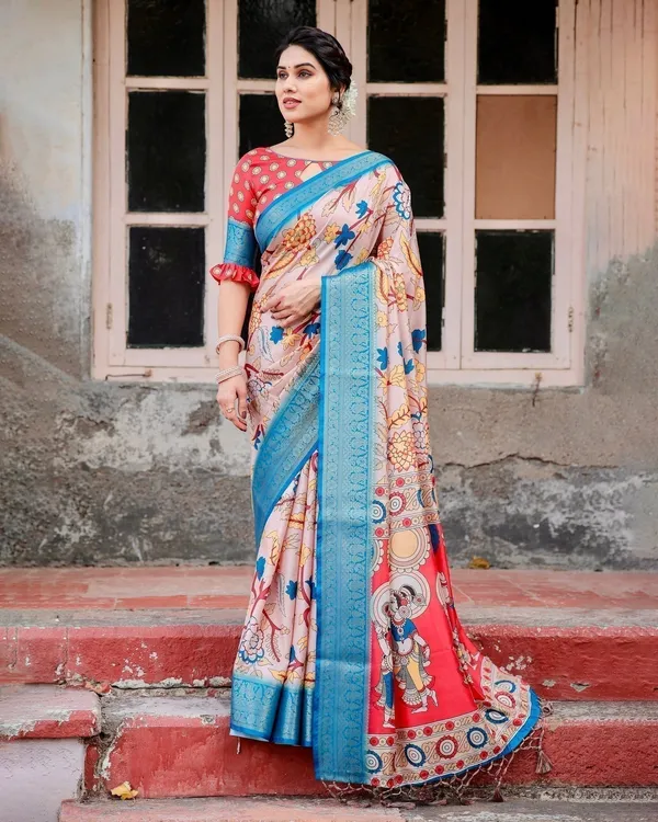 Beige_and_Red_Tussar_Silk_Saree_with_Divine_Motifs_and_Floral_Zari_Border