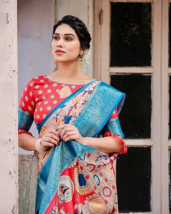 Beige_and_Red_Tussar_Silk_Saree_with_Divine_Motifs_and_Floral_Zari_Border