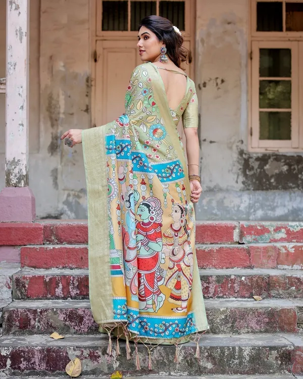 Pastel_Green_Tussar_Silk_Saree_with_Mythological_Kalamkari_Pallu_and_Zari_Border