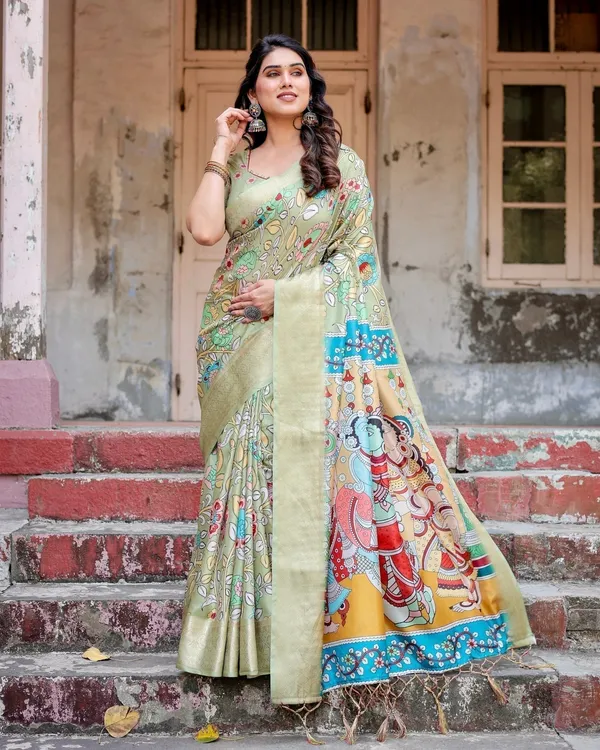 Pastel_Green_Tussar_Silk_Saree_with_Mythological_Kalamkari_Pallu_and_Zari_Border