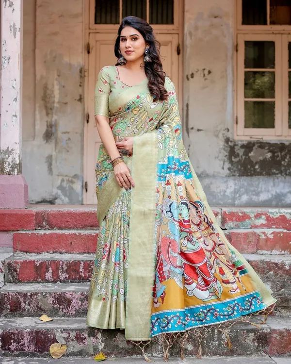 Pastel_Green_Tussar_Silk_Saree_with_Mythological_Kalamkari_Pallu_and_Zari_Border