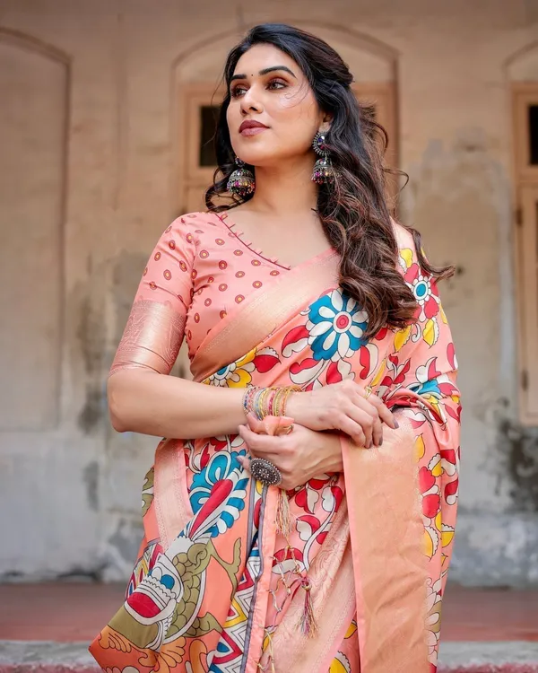 Peach_Tussar_Silk_Saree_with_Vibrant_Floral_Kalamkari_and_Zari_Highlights