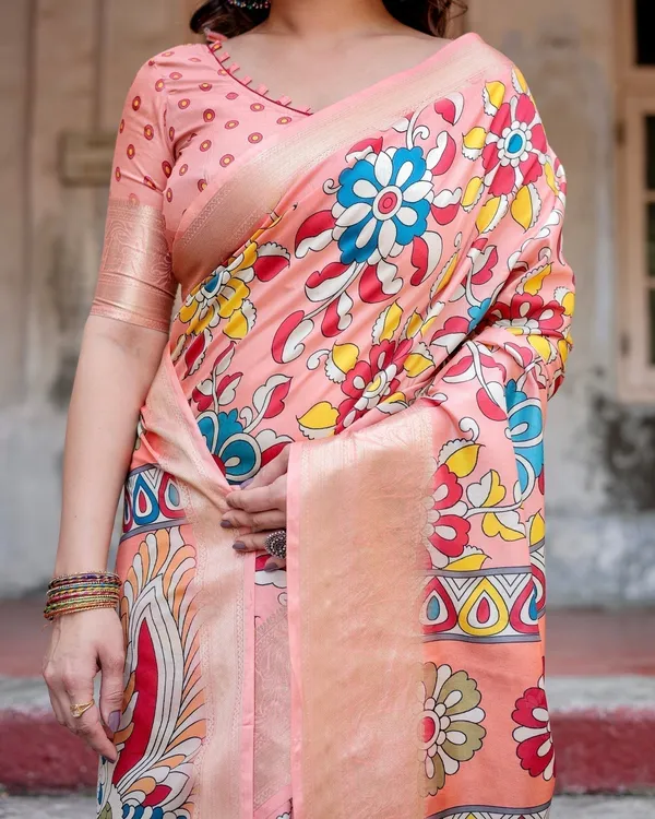 Peach_Tussar_Silk_Saree_with_Vibrant_Floral_Kalamkari_and_Zari_Highlights
