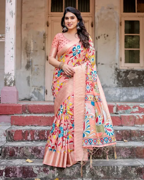 Peach_Tussar_Silk_Saree_with_Vibrant_Floral_Kalamkari_and_Zari_Highlights