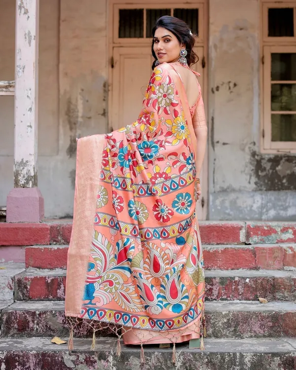 Peach_Tussar_Silk_Saree_with_Vibrant_Floral_Kalamkari_and_Zari_Highlights