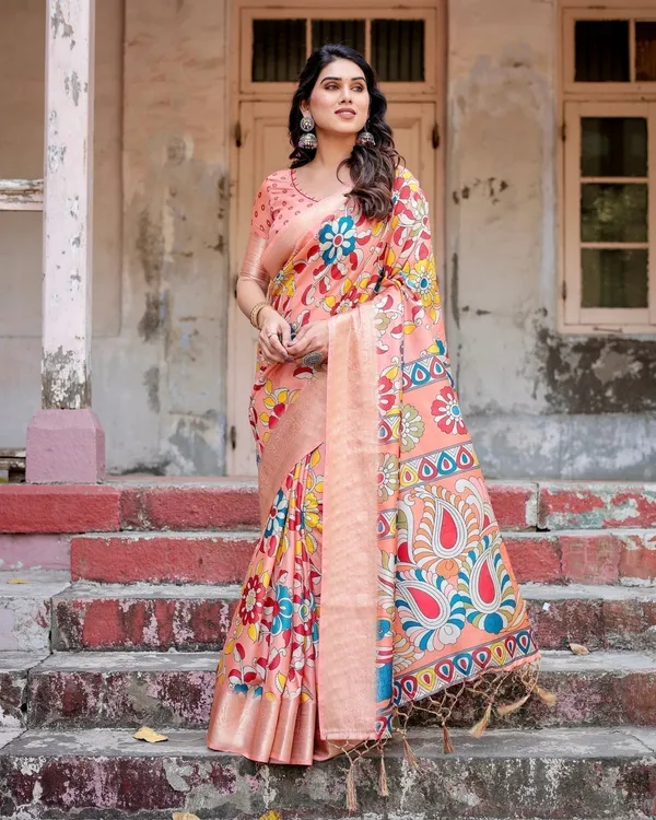 Peach_Tussar_Silk_Saree_with_Vibrant_Floral_Kalamkari_and_Zari_Highlights