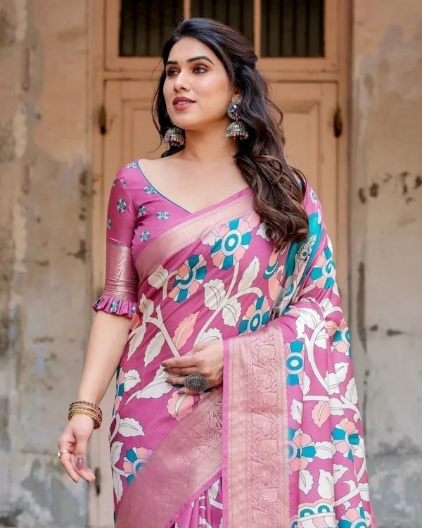 Blush_Pink_Tussar_Silk_Saree_with_Elegant_Peacock_and_Floral_Kalamkari_Design