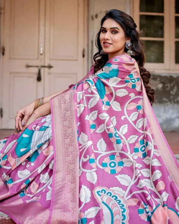 Blush_Pink_Tussar_Silk_Saree_with_Elegant_Peacock_and_Floral_Kalamkari_Design
