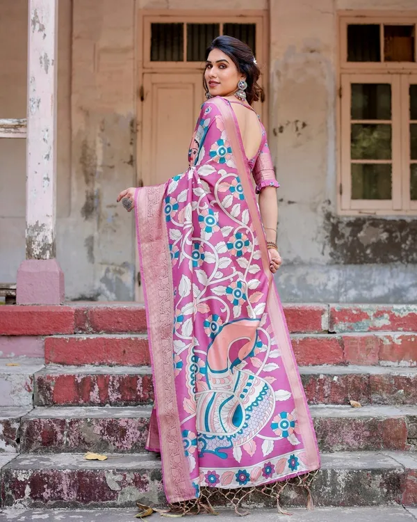 Blush_Pink_Tussar_Silk_Saree_with_Elegant_Peacock_and_Floral_Kalamkari_Design