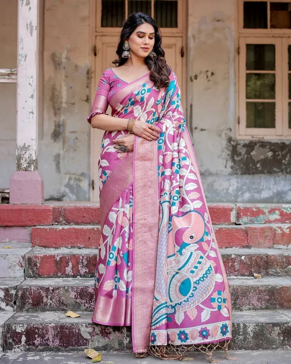 Blush_Pink_Tussar_Silk_Saree_with_Elegant_Peacock_and_Floral_Kalamkari_Design