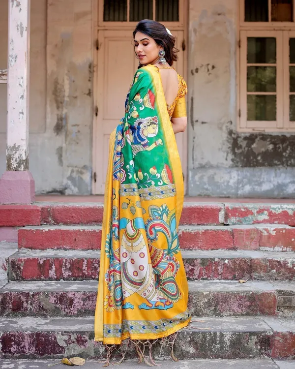 Golden_Yellow_Tussar_Silk_Saree_with_Vibrant_Peacock_Kalamkari_Motifs
