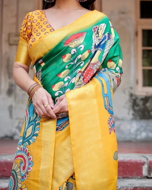 Golden_Yellow_Tussar_Silk_Saree_with_Vibrant_Peacock_Kalamkari_Motifs