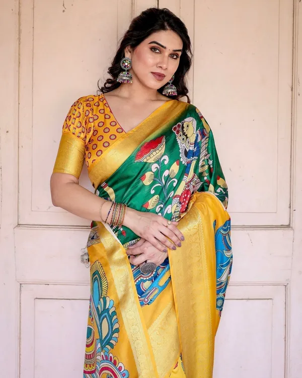 Golden_Yellow_Tussar_Silk_Saree_with_Vibrant_Peacock_Kalamkari_Motifs