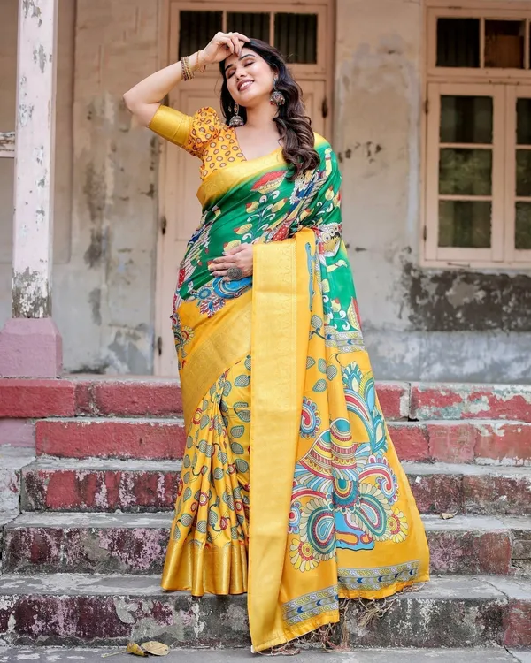 Golden_Yellow_Tussar_Silk_Saree_with_Vibrant_Peacock_Kalamkari_Motifs
