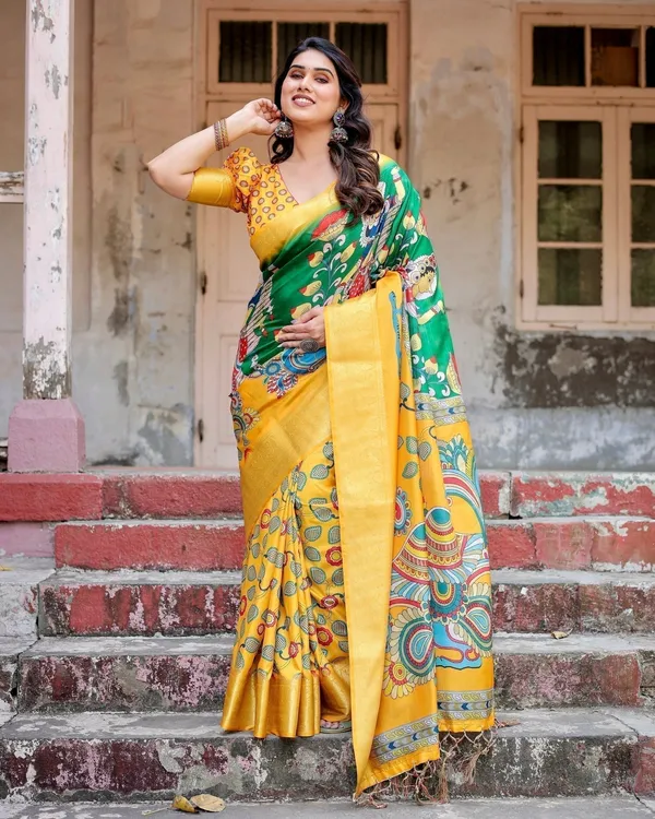 Golden_Yellow_Tussar_Silk_Saree_with_Vibrant_Peacock_Kalamkari_Motifs