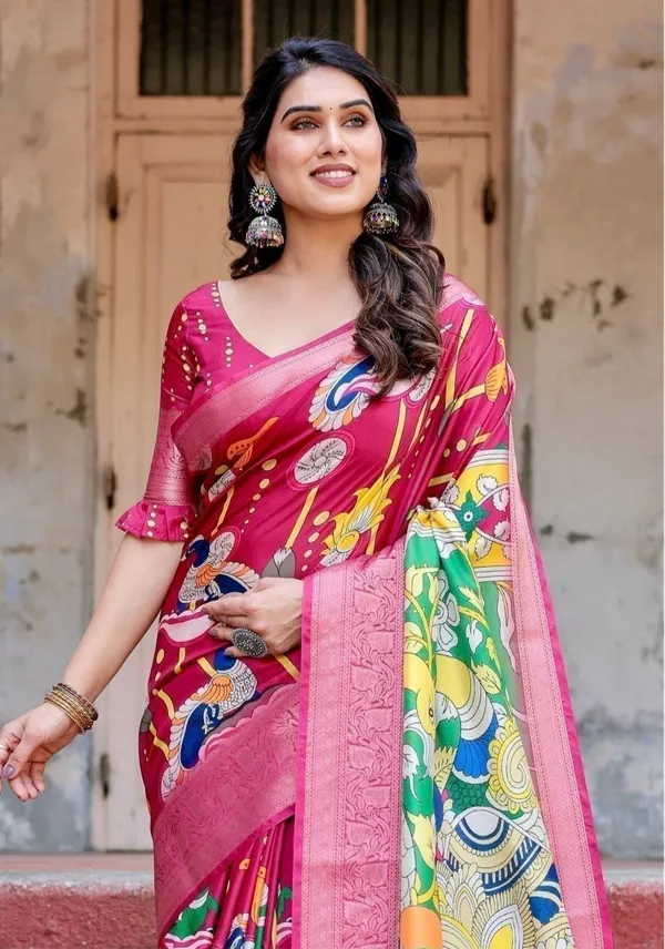 Magenta_Tussar_Silk_Saree_with_Artistic_Peacock_&_Floral_Kalamkari_Design